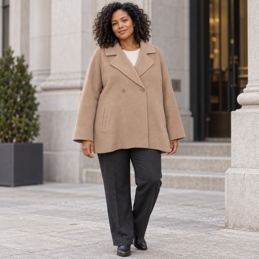 Eileen Fisher Cloud Doubleface Wool Short Trench Coat Minimalist Camel L NWT